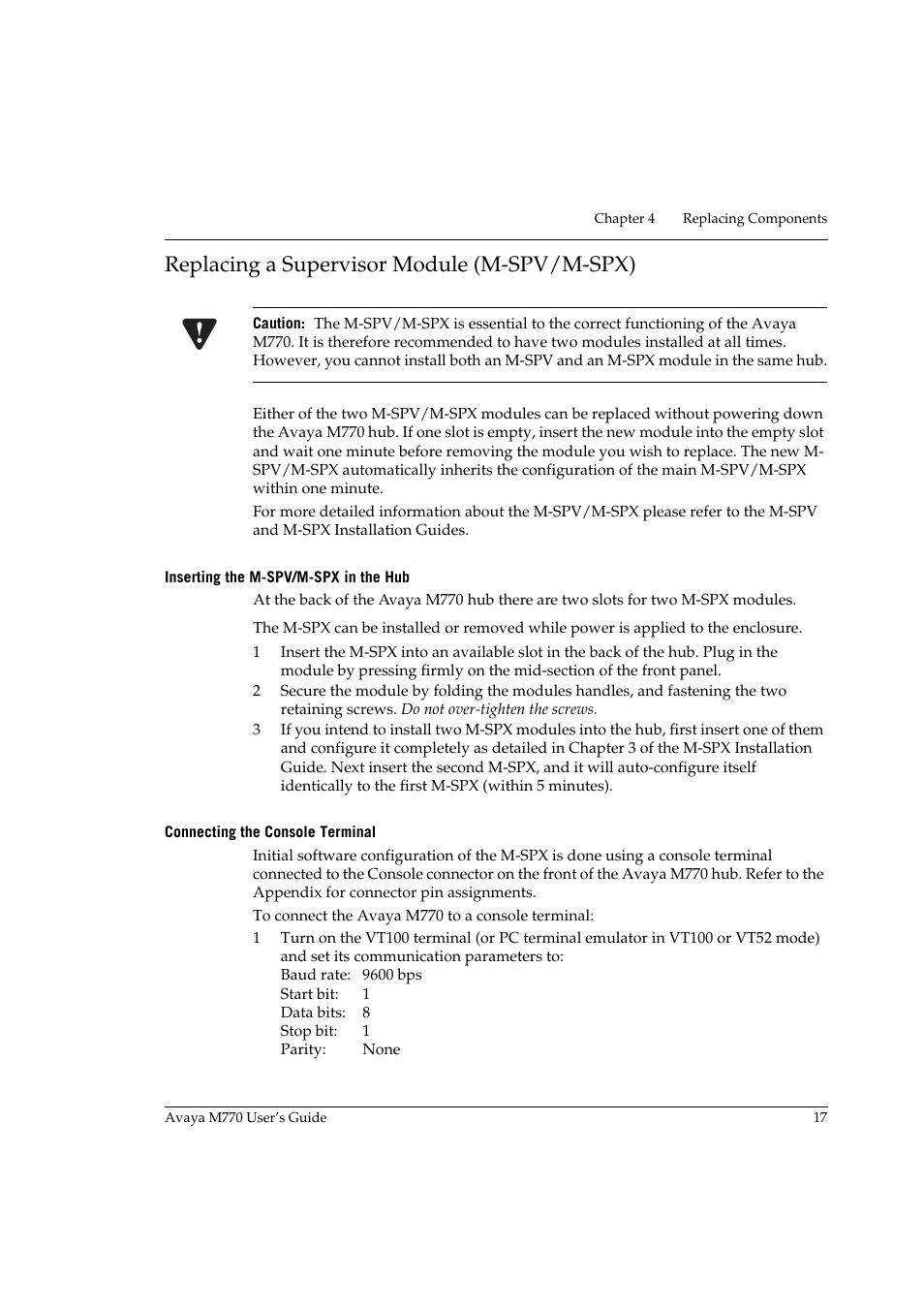Replacing a supervisor module (m-spv/m-spx), Inserting the m-spv/m-spx in the hub, Connecting the console terminal | Avaya M770 User Manual | Page 27 / 38