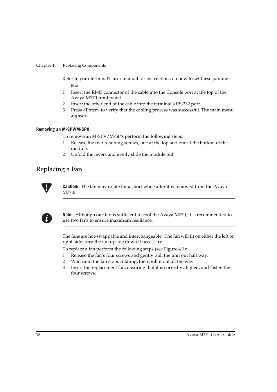 Removing an m-spv/m-spx, Replacing a fan | Avaya M770 User Manual | Page 28 / 38