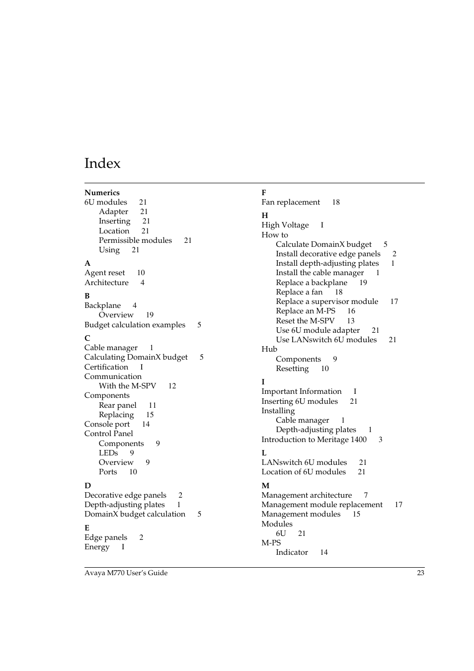 Index | Avaya M770 User Manual | Page 33 / 38