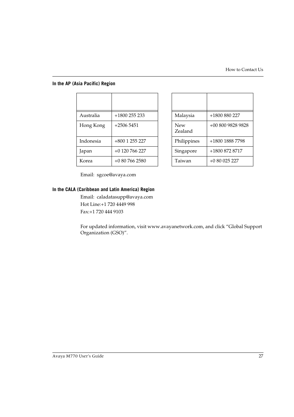 In the ap (asia pacific) region, In the cala (caribbean and latin america) region | Avaya M770 User Manual | Page 37 / 38