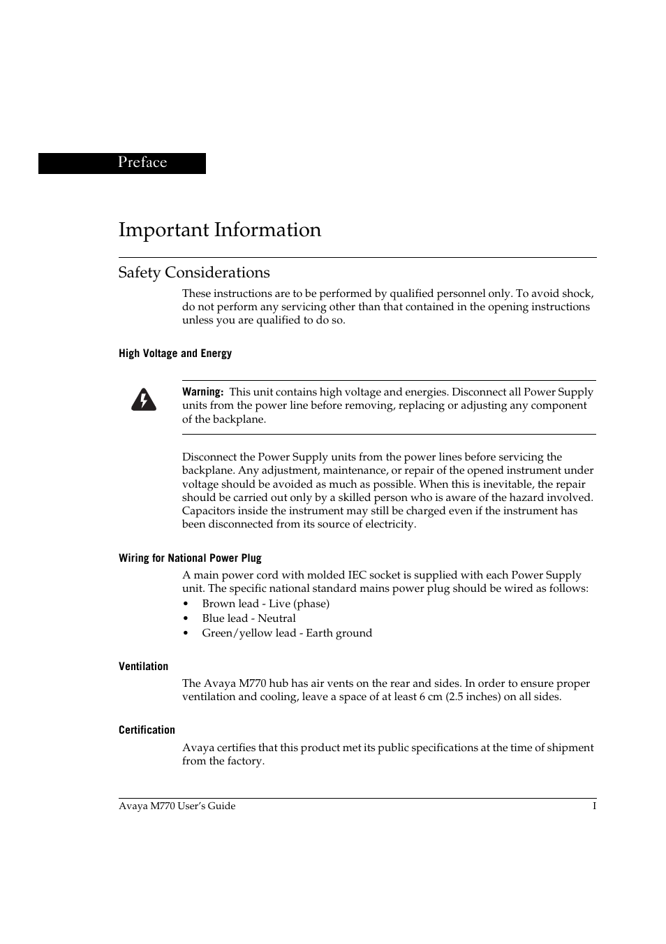 Important information, Safety considerations, High voltage and energy | Wiring for national power plug, Ventilation, Certification, Preface | Avaya M770 User Manual | Page 9 / 38