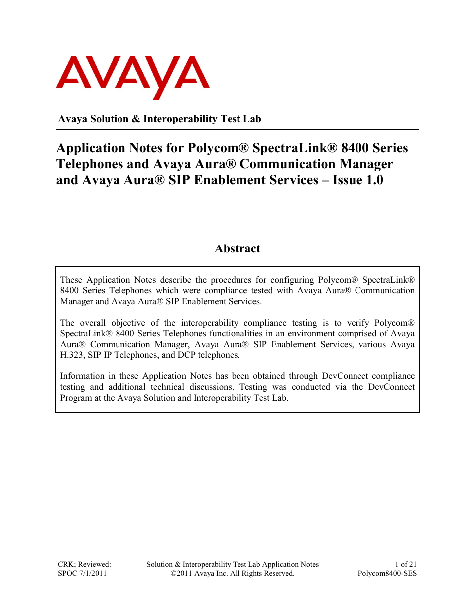 Avaya POLYCOM 8400-SES User Manual | 21 pages