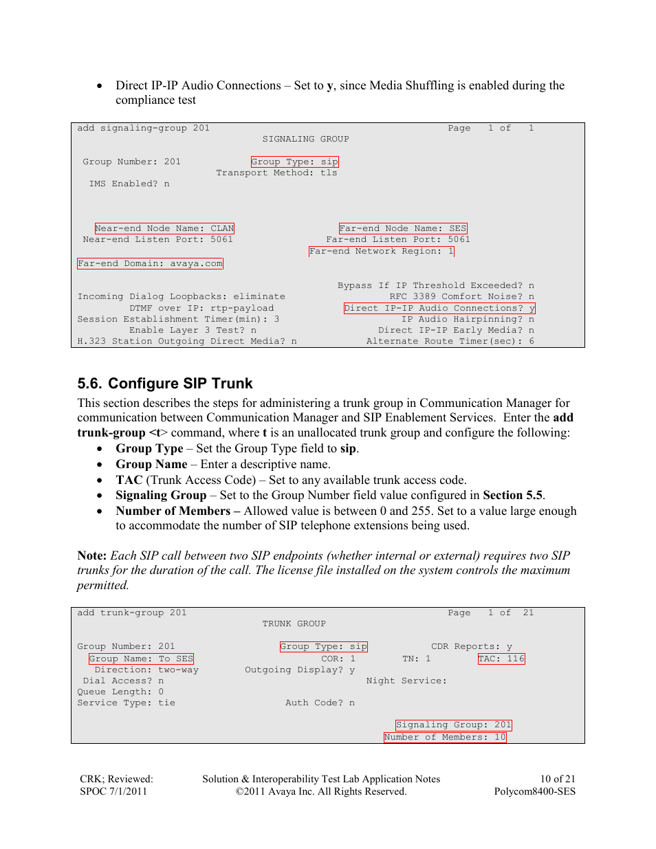 Configure sip trunk | Avaya POLYCOM 8400-SES User Manual | Page 10 / 21