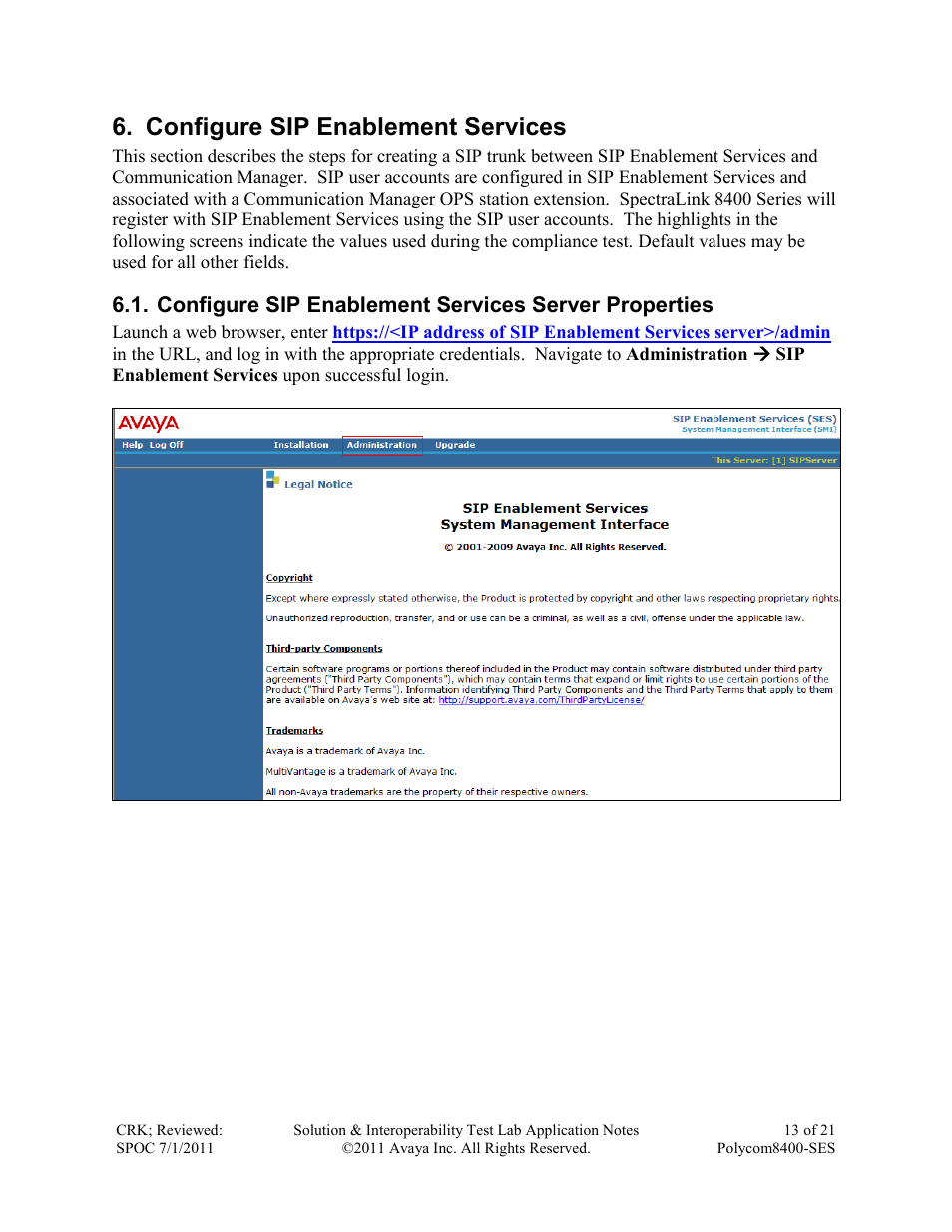 Configure sip enablement services | Avaya POLYCOM 8400-SES User Manual | Page 13 / 21