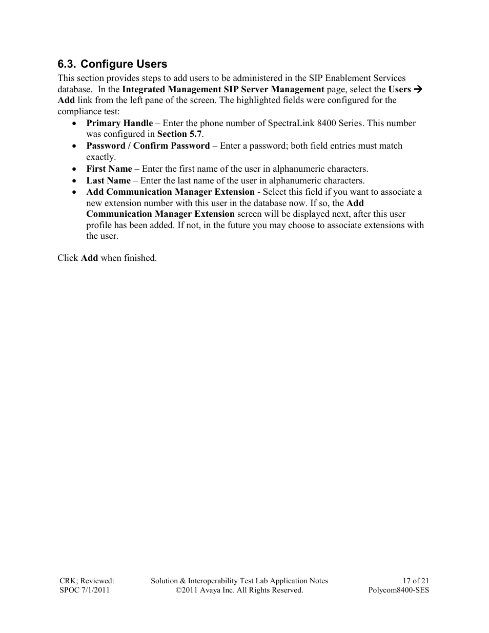 Configure users | Avaya POLYCOM 8400-SES User Manual | Page 17 / 21