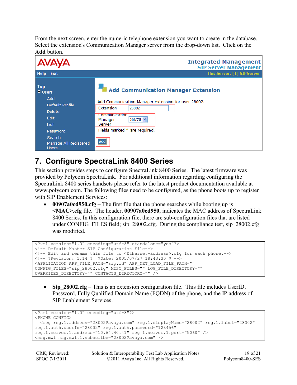 Configure spectralink 8400 series | Avaya POLYCOM 8400-SES User Manual | Page 19 / 21