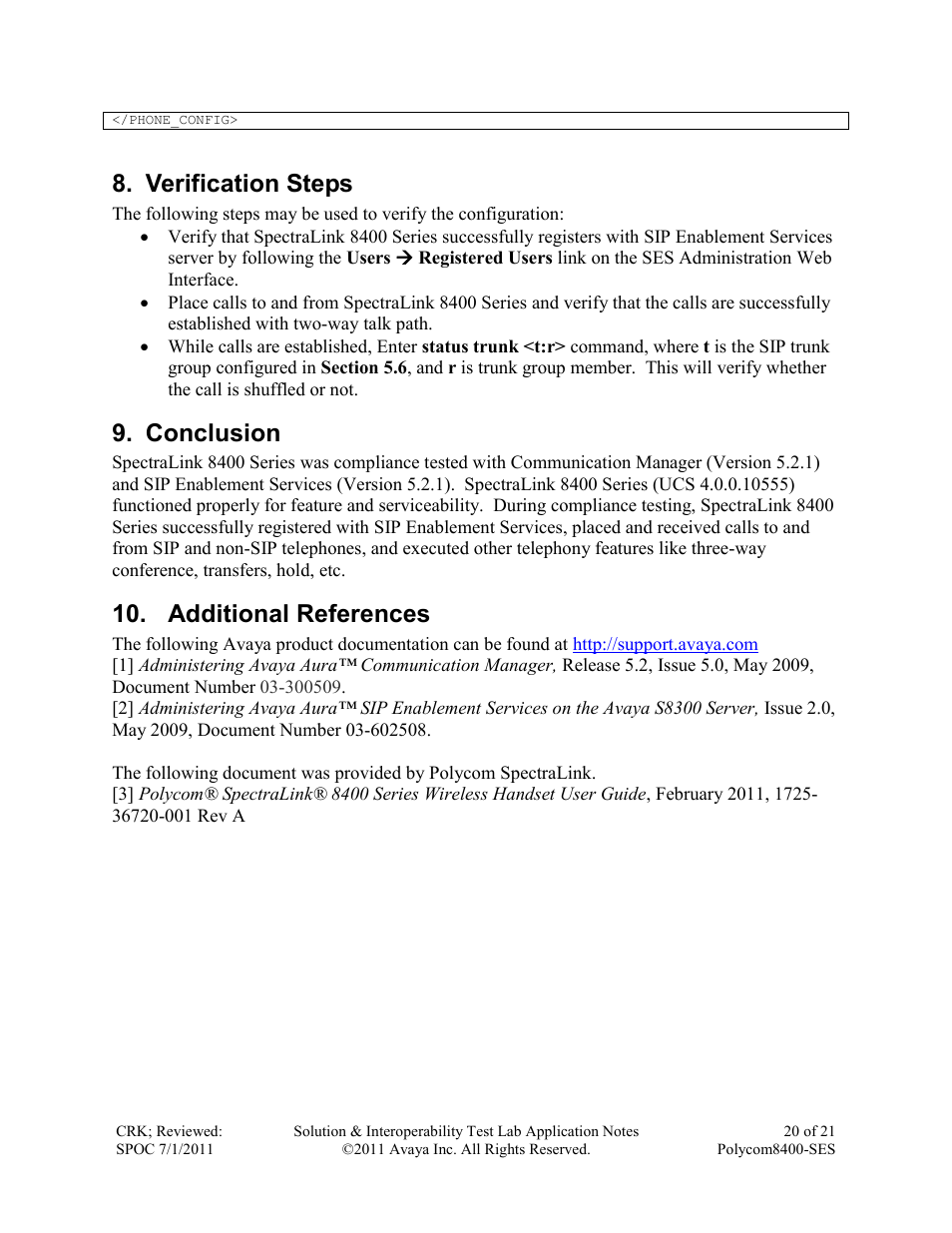 Verification steps, Conclusion, Additional references | Avaya POLYCOM 8400-SES User Manual | Page 20 / 21