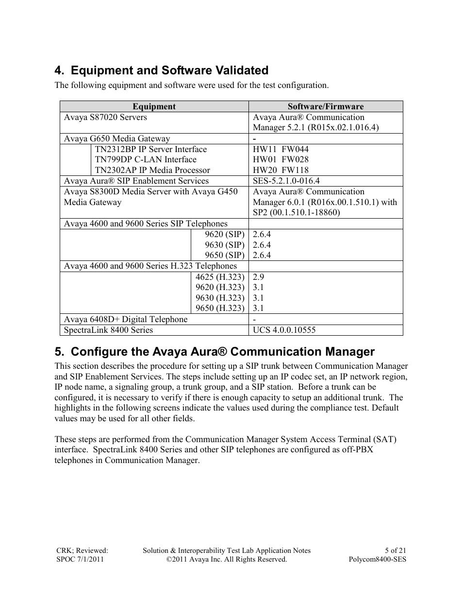Equipment and software validated, Configure the avaya aura® communication manager | Avaya POLYCOM 8400-SES User Manual | Page 5 / 21