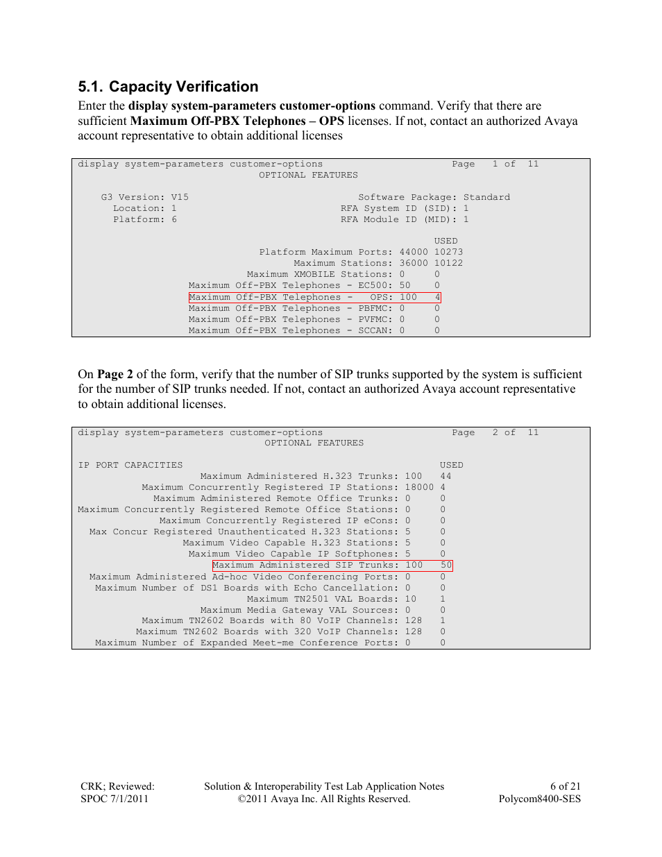 Capacity verification | Avaya POLYCOM 8400-SES User Manual | Page 6 / 21