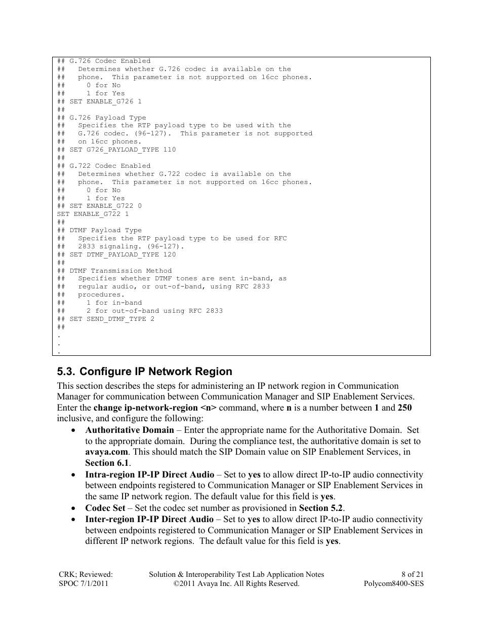 Configure ip network region | Avaya POLYCOM 8400-SES User Manual | Page 8 / 21