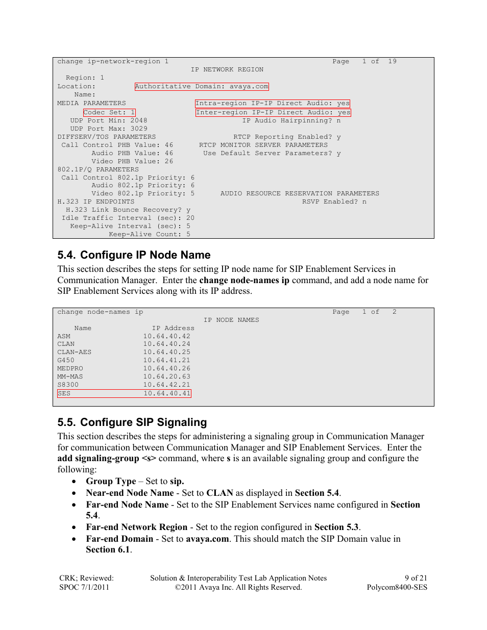 Configure ip node name, Configure sip signaling | Avaya POLYCOM 8400-SES User Manual | Page 9 / 21