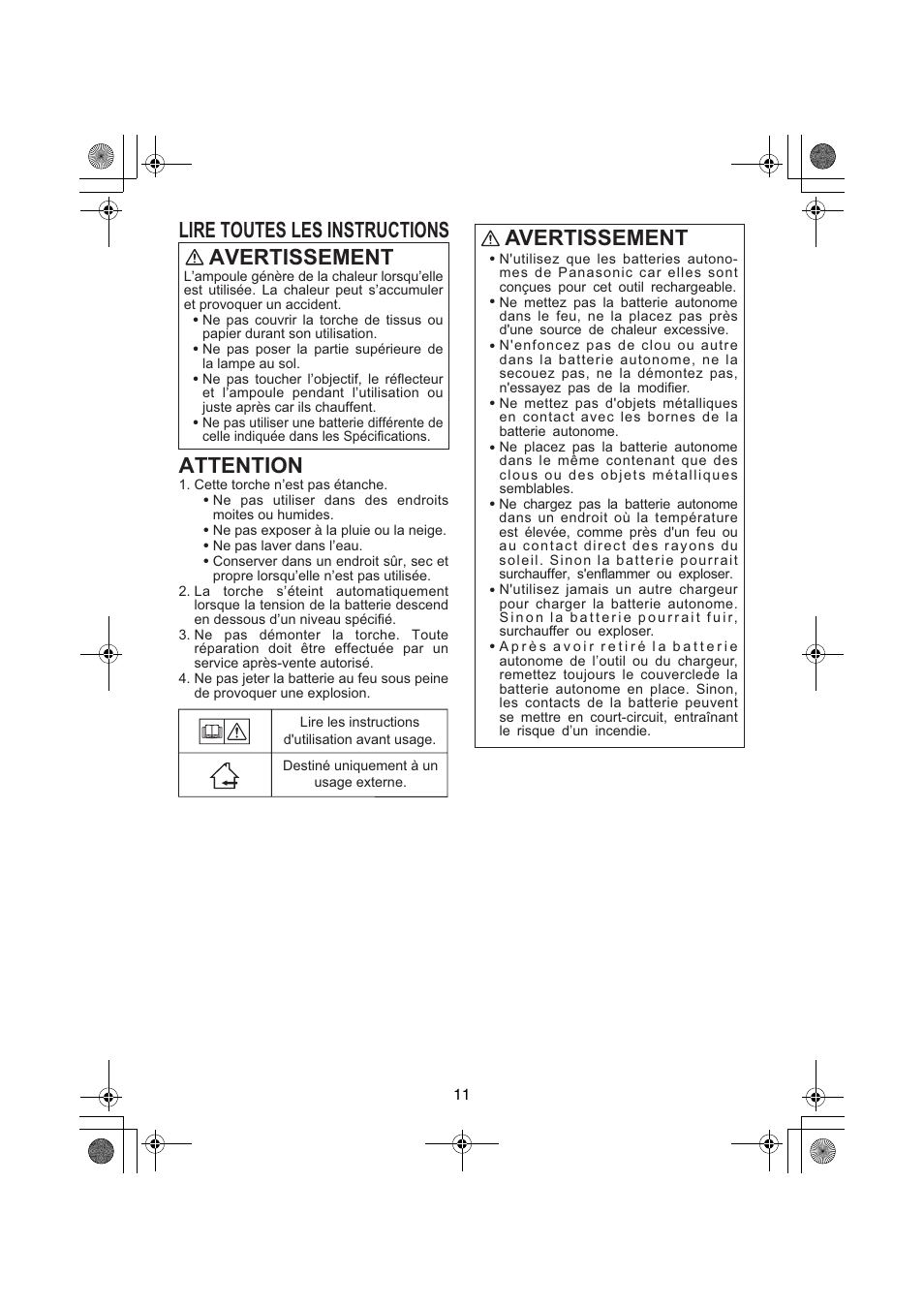 Avertissement | Panasonic EY3740 User Manual | Page 11 / 44