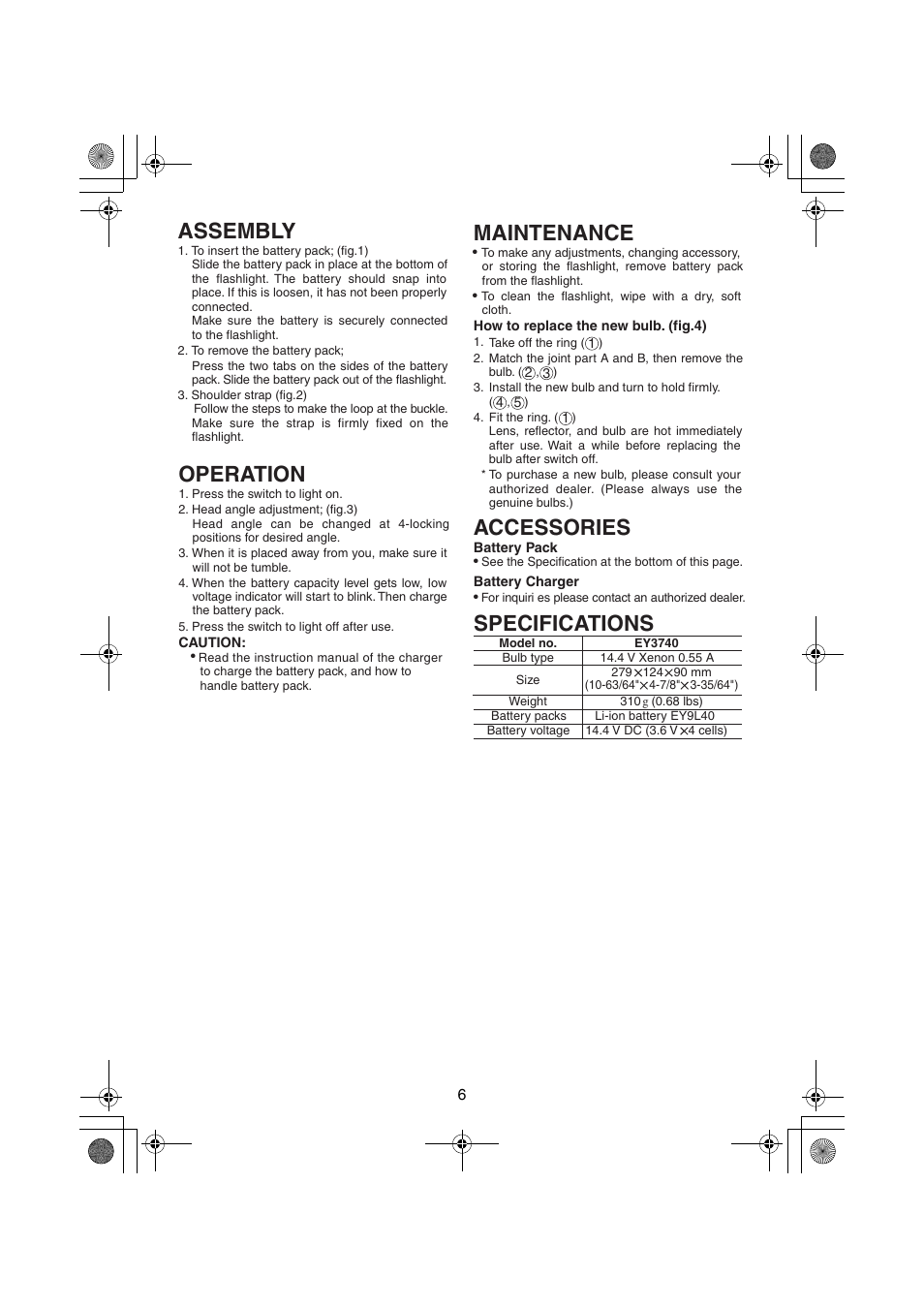 Assembly, Maintenance accessories, Operation | Specifications | Panasonic EY3740 User Manual | Page 6 / 44