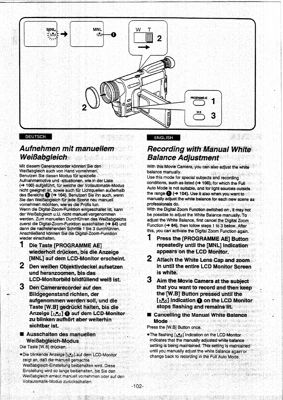 Auf nehmen mit manuellem weißabgleich, Recording with manual white balance adjustment, Aufnehmen mit manuellem weißabgleich | Panasonic NVVX30EG User Manual | Page 102 / 164