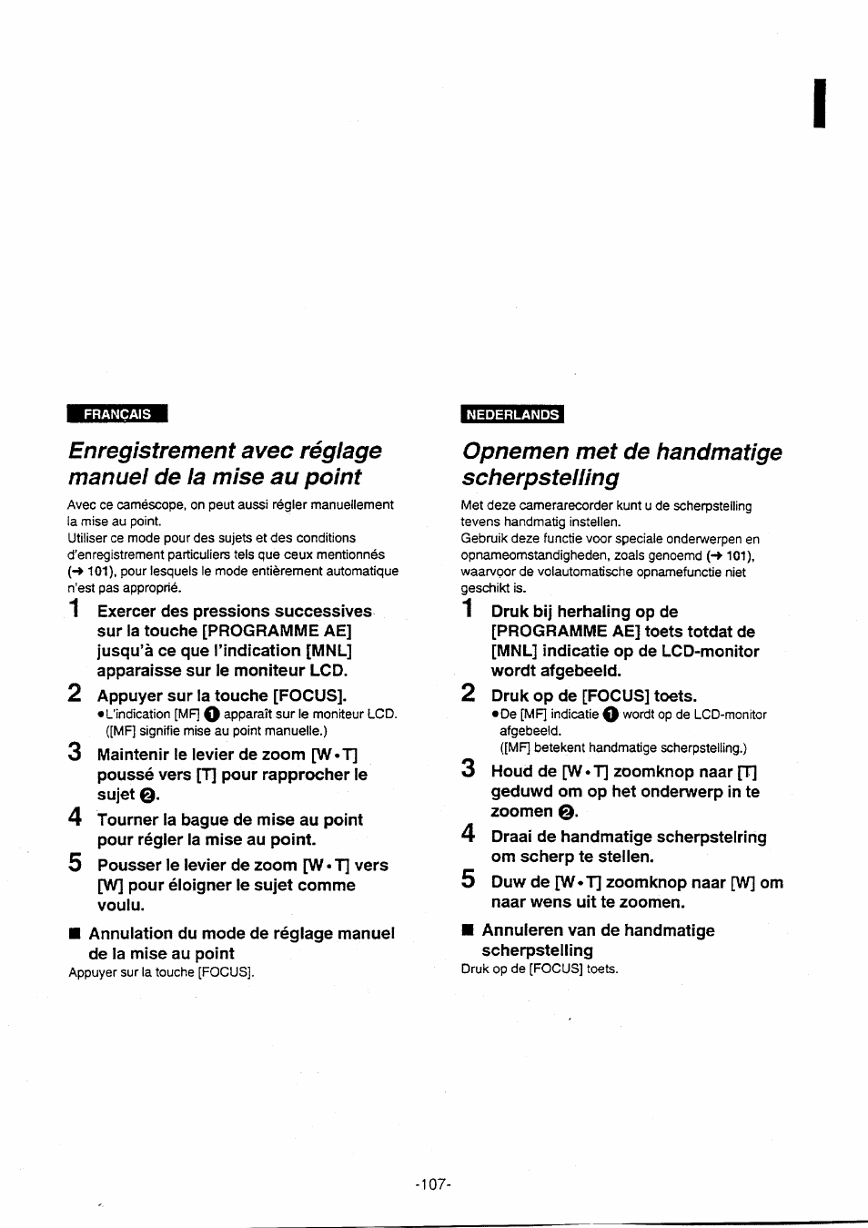 Opnemen met de handmatige scherpstelling | Panasonic NVVX30EG User Manual | Page 107 / 164