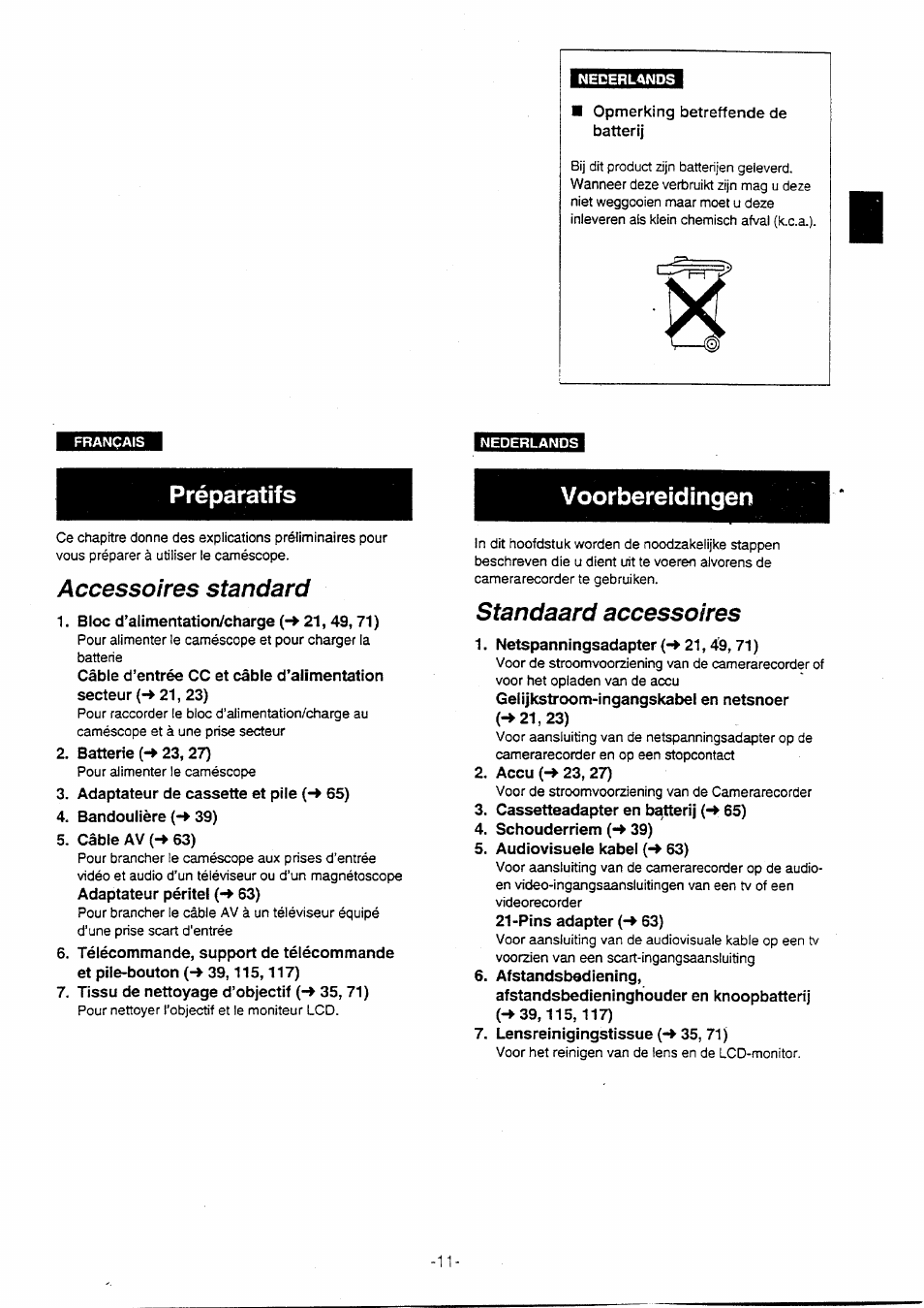 Accessoires standard, Standaard accessoires, Préparatifs | Voorbereidingen | Panasonic NVVX30EG User Manual | Page 11 / 164