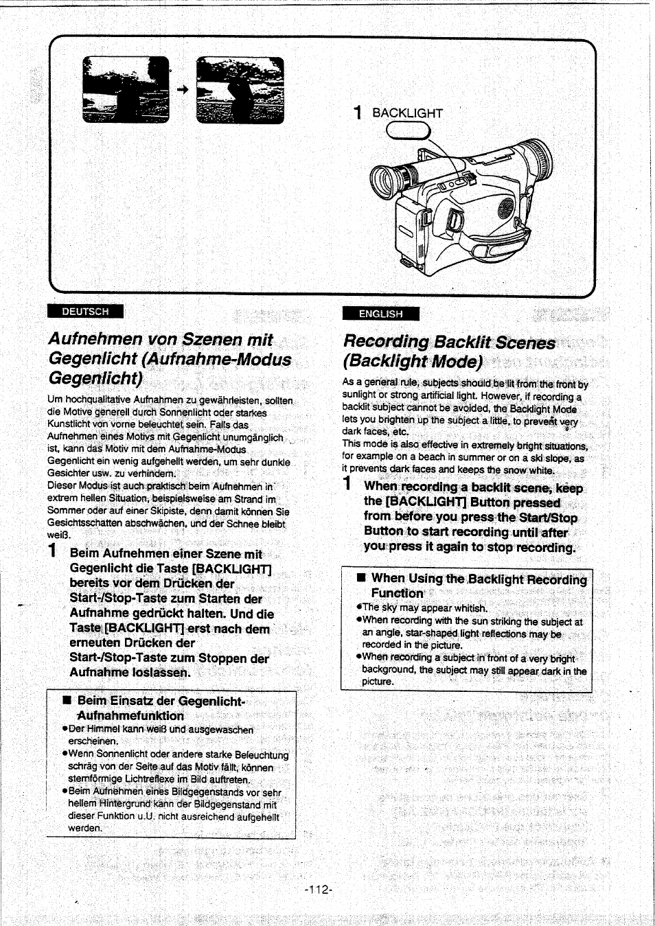 Recording backlit scenes (backlight mode), Aufnehmen von szenen mit gegenlicht, Aufnahme-modus gegenlicht) | Panasonic NVVX30EG User Manual | Page 112 / 164