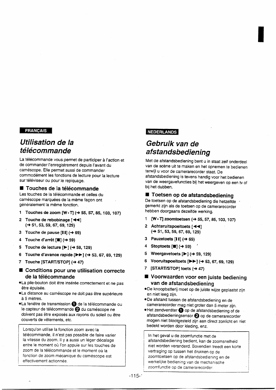 Utilisation de la télécommande, Gebruik van de afstandsbediening | Panasonic NVVX30EG User Manual | Page 115 / 164