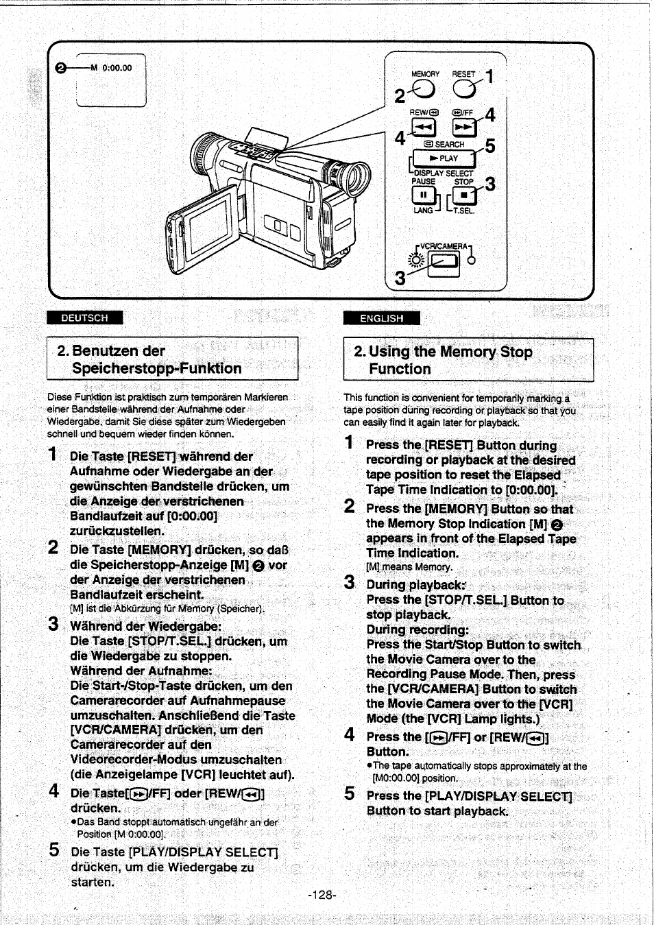 Benutzen der speicherstopp-funktion, Using the memory stop function | Panasonic NVVX30EG User Manual | Page 128 / 164
