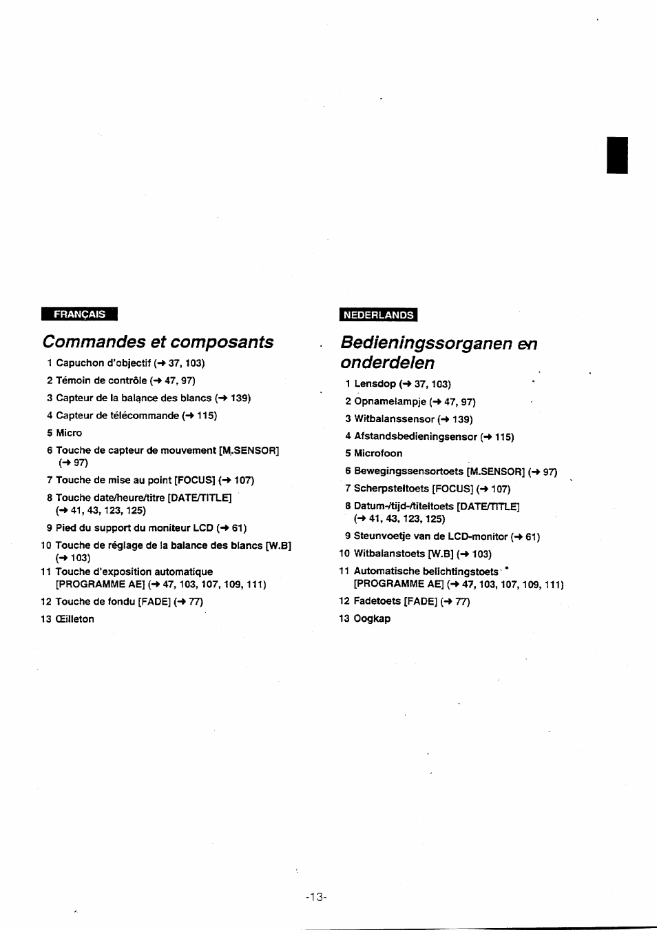Commandes et composants, Bedieningssorganen en onderdelen, Bedieningsfunkties en onderdelen | Panasonic NVVX30EG User Manual | Page 13 / 164