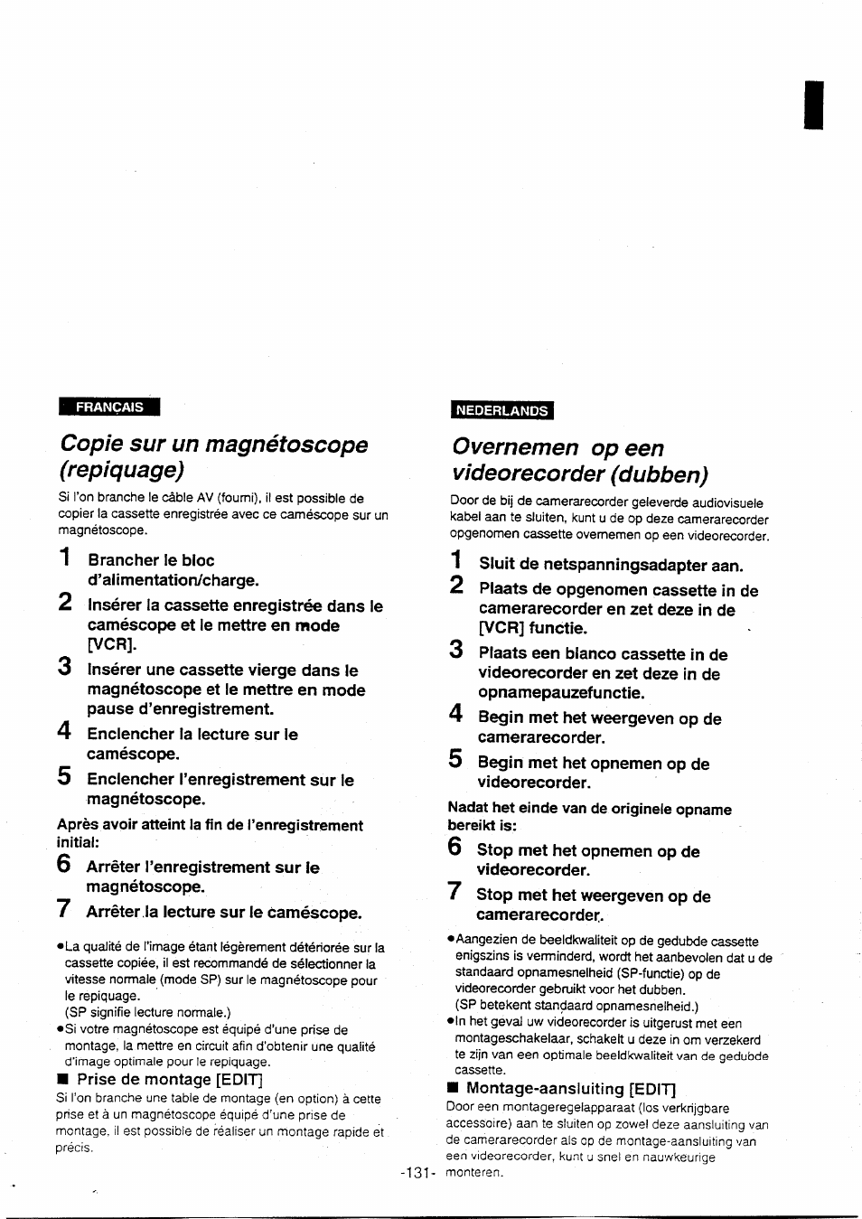 Copie sur un magnétoscope (repiquage), Copie sur un magnétoscope, Repiquage) | Overnemen opeen videorecorder (dubben) | Panasonic NVVX30EG User Manual | Page 131 / 164