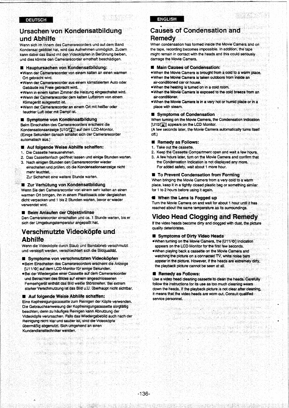 Ursachen von kondensatbildung und abhufe, Verschmutzte videoköpfe und abhilfe, Causes of condensation and remedy | Main causes of condensation, Video head clogging and remedy | Panasonic NVVX30EG User Manual | Page 136 / 164