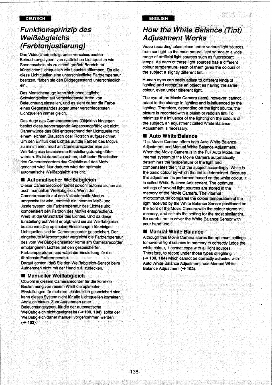 Funktionsprinzip des, Weißabgleichs, Farbtonjustierung) | How the white balance (tint) adjustment works, Automatischer weißabgleich, Manueller weißabgleich, Auto white balance, Manual white balance | Panasonic NVVX30EG User Manual | Page 138 / 164