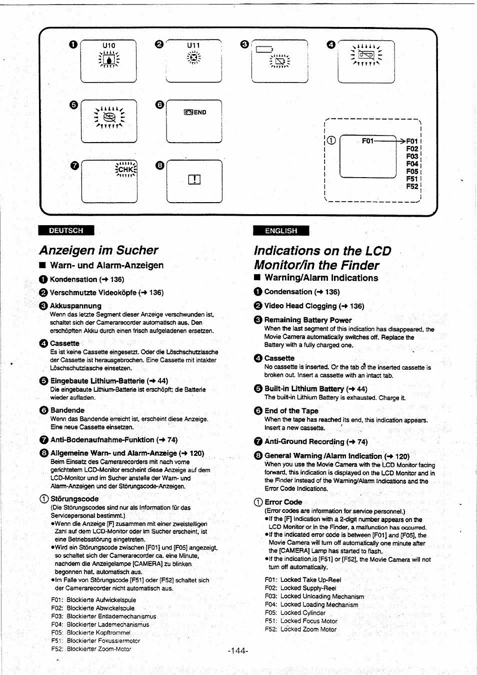 Anzeigen im sucher, 0 eingebaute lithium-batterie 44), 0 bandende | 0 allgemeine warn- und alarm-anzeige (-> 120), Indications on the lcd monitor/in the finder, 0 remaining battery power, 0 built-in lithium battery (-► 44), 0 end of the tape, 0 anti-ground recording (-♦74), 0 general warning ¡alarm indication (•♦ 120) | Panasonic NVVX30EG User Manual | Page 144 / 164