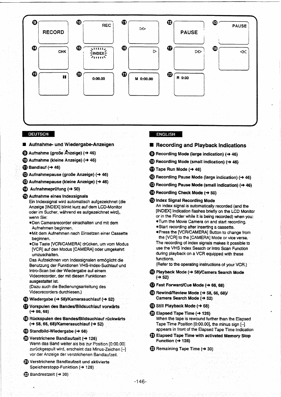Record, Pause, Aufnahme- und wiedergabe-anzeigen | 9'ndex, 0 standbild-wiedergabe (-*68), Recording and playback indications | Panasonic NVVX30EG User Manual | Page 146 / 164