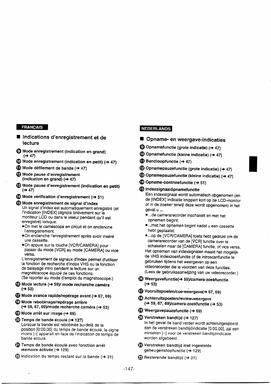 Indications d’enregistrement et de lecture, Opname- en weergave-indicaties | Panasonic NVVX30EG User Manual | Page 147 / 164