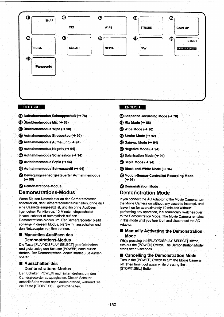 Demonstrations-modus, Demonstration mode, Demonstrations-mod us | 0 mix mode (-^ 88) 0, 0 motion-sensor-controlled recording mode, Manuelles auslösen des demonstrations-modus, Ausschalten des demonstrations-modus, Manually activating the demonstration mode, Cancelling the demonstration mode | Panasonic NVVX30EG User Manual | Page 150 / 164