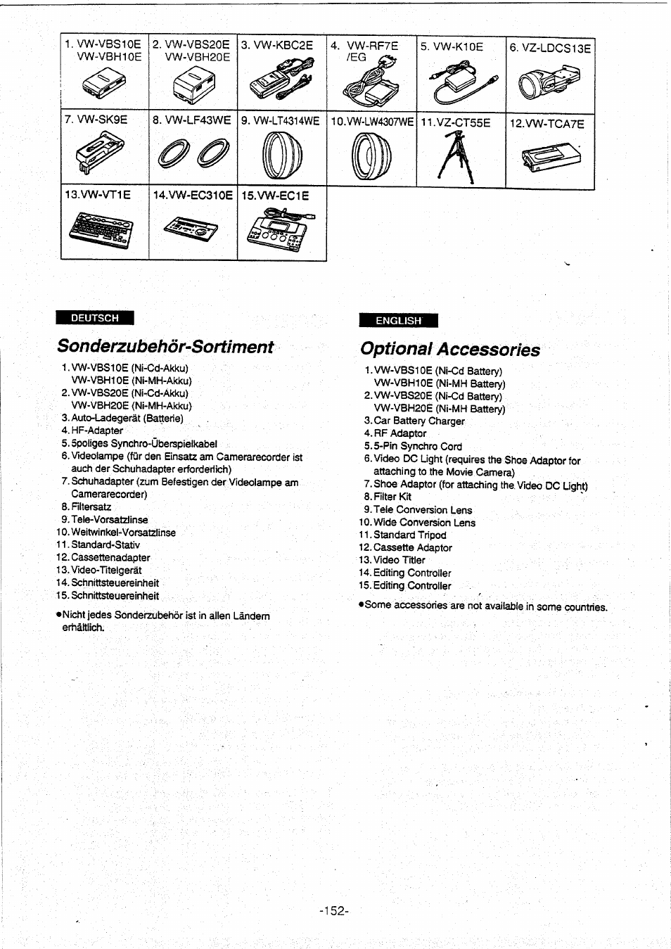 Sonderzubehör-sortiment, Optional accessories | Panasonic NVVX30EG User Manual | Page 152 / 164