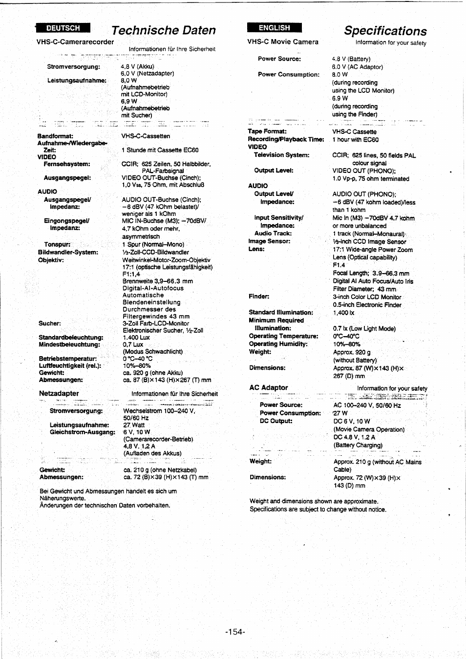 Specifications, Technische daten | Panasonic NVVX30EG User Manual | Page 154 / 164