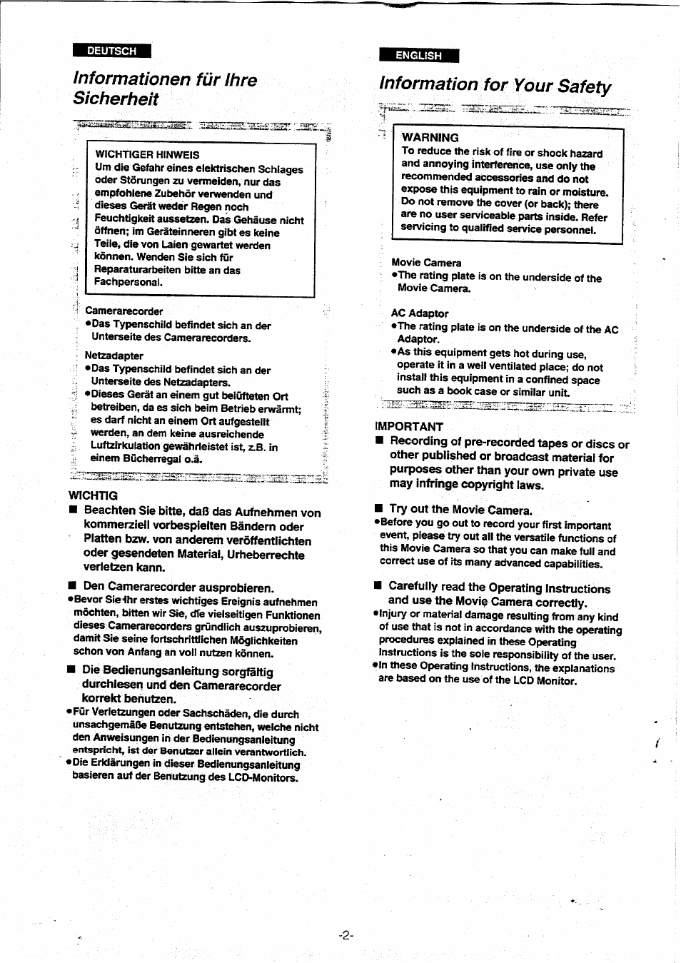 Informationen für ihre sicherheit | Panasonic NVVX30EG User Manual | Page 2 / 164