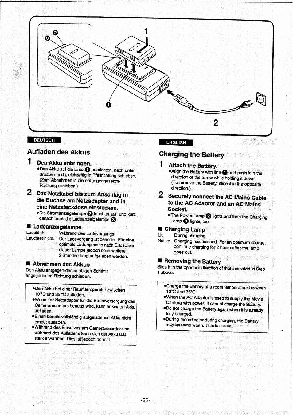 Aufladen des akkus, Charging the battery | Panasonic NVVX30EG User Manual | Page 22 / 164