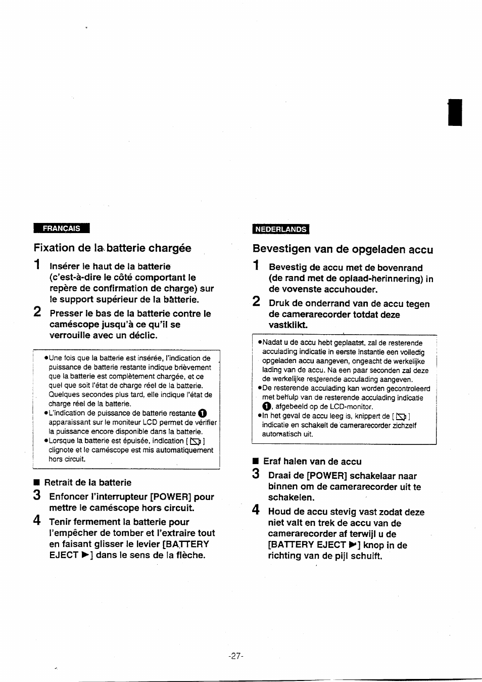 Fixation de la batterie chargée, Bevestigen van de opgeladen accu | Panasonic NVVX30EG User Manual | Page 27 / 164