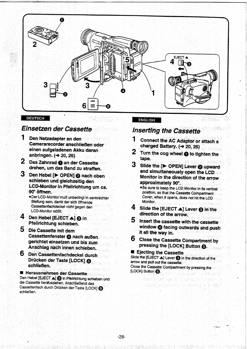 Einsetzen der cassette, Inserting the cassette | Panasonic NVVX30EG User Manual | Page 28 / 164