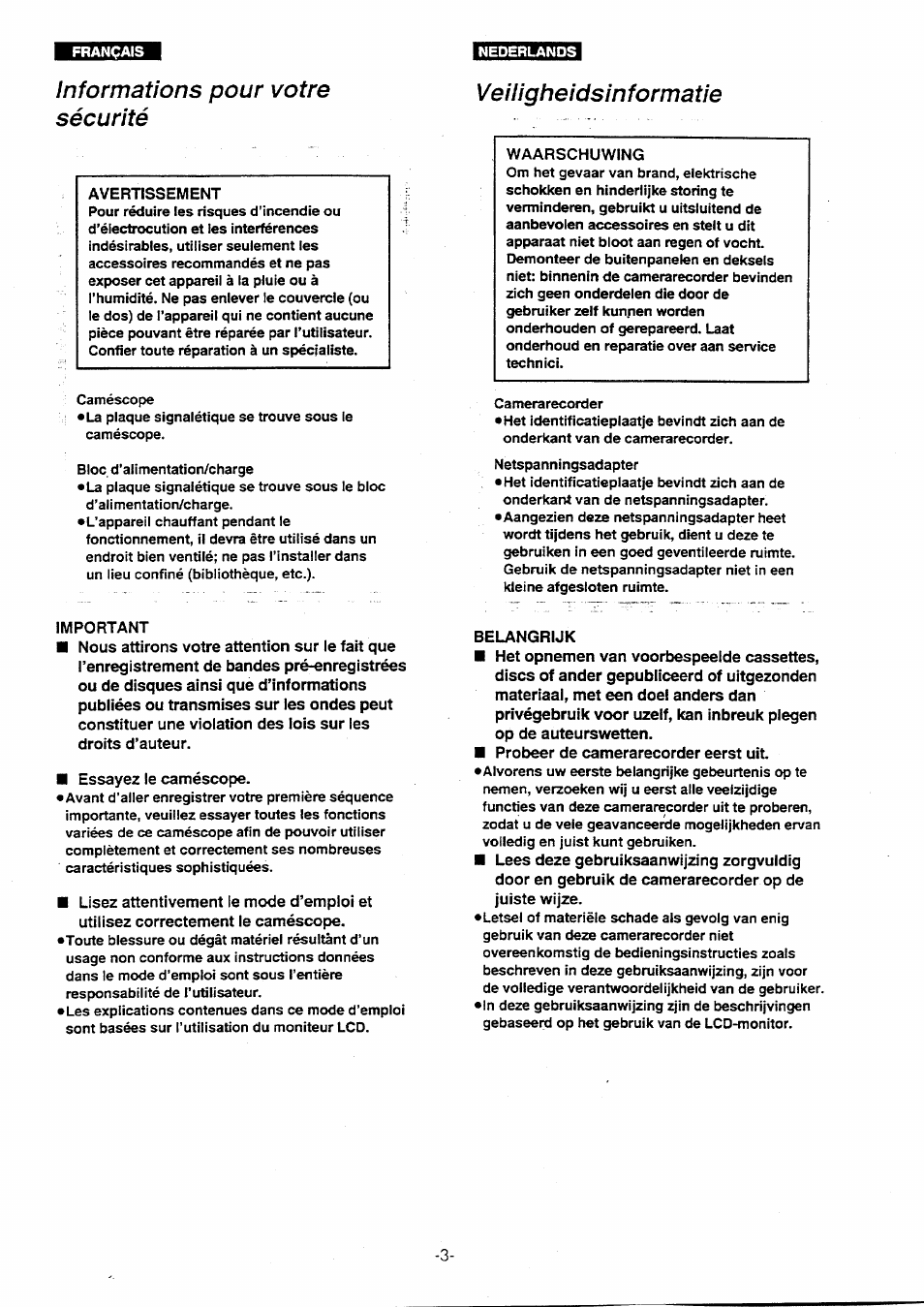 Informations pour votre sécurité, Veiligheidsinformatie | Panasonic NVVX30EG User Manual | Page 3 / 164