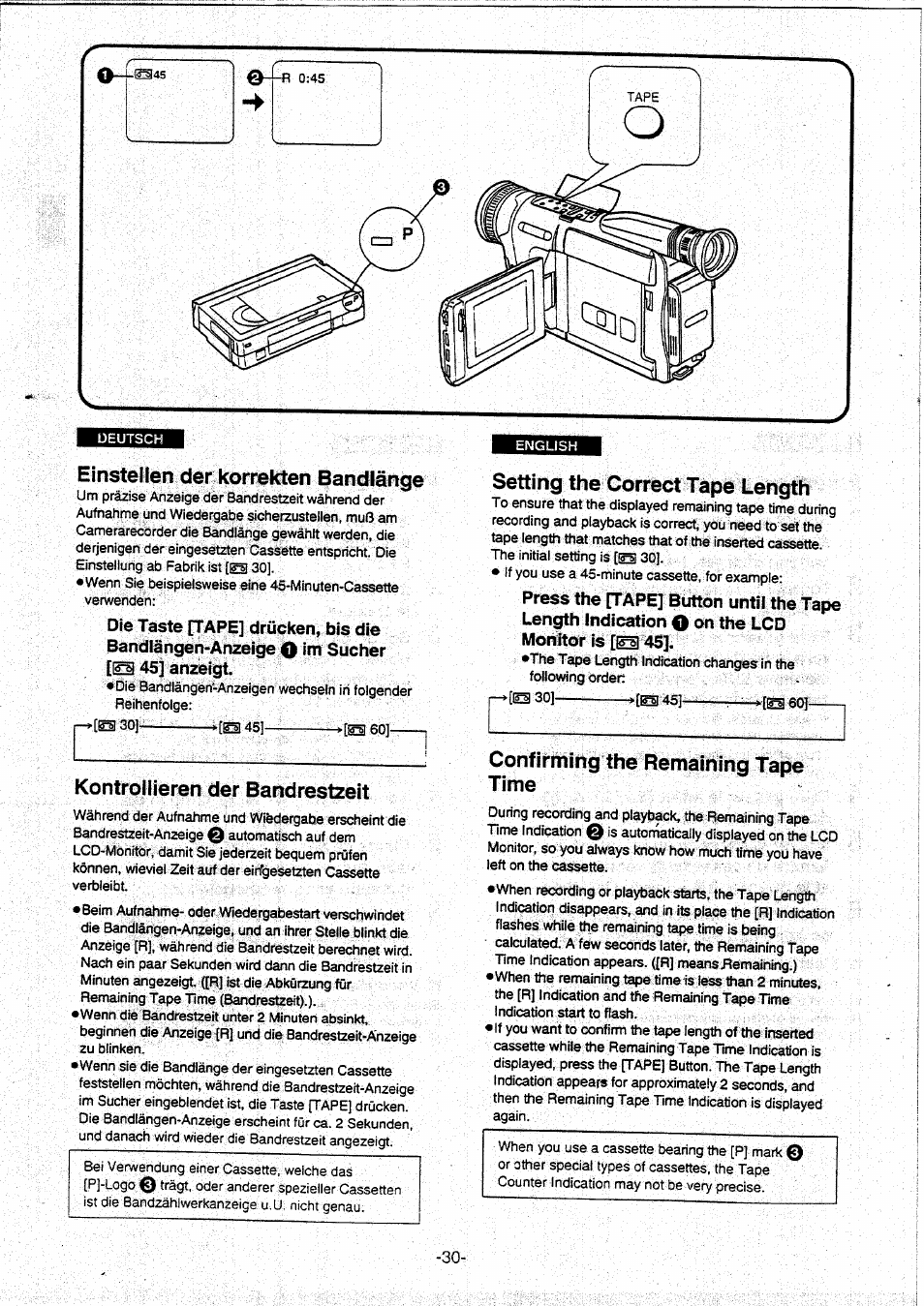 Einstelien der korrekten bandlänge, Kontrollieren der bandrestzeit, Setting the correct tape length | Confirming the remaining tape time | Panasonic NVVX30EG User Manual | Page 30 / 164