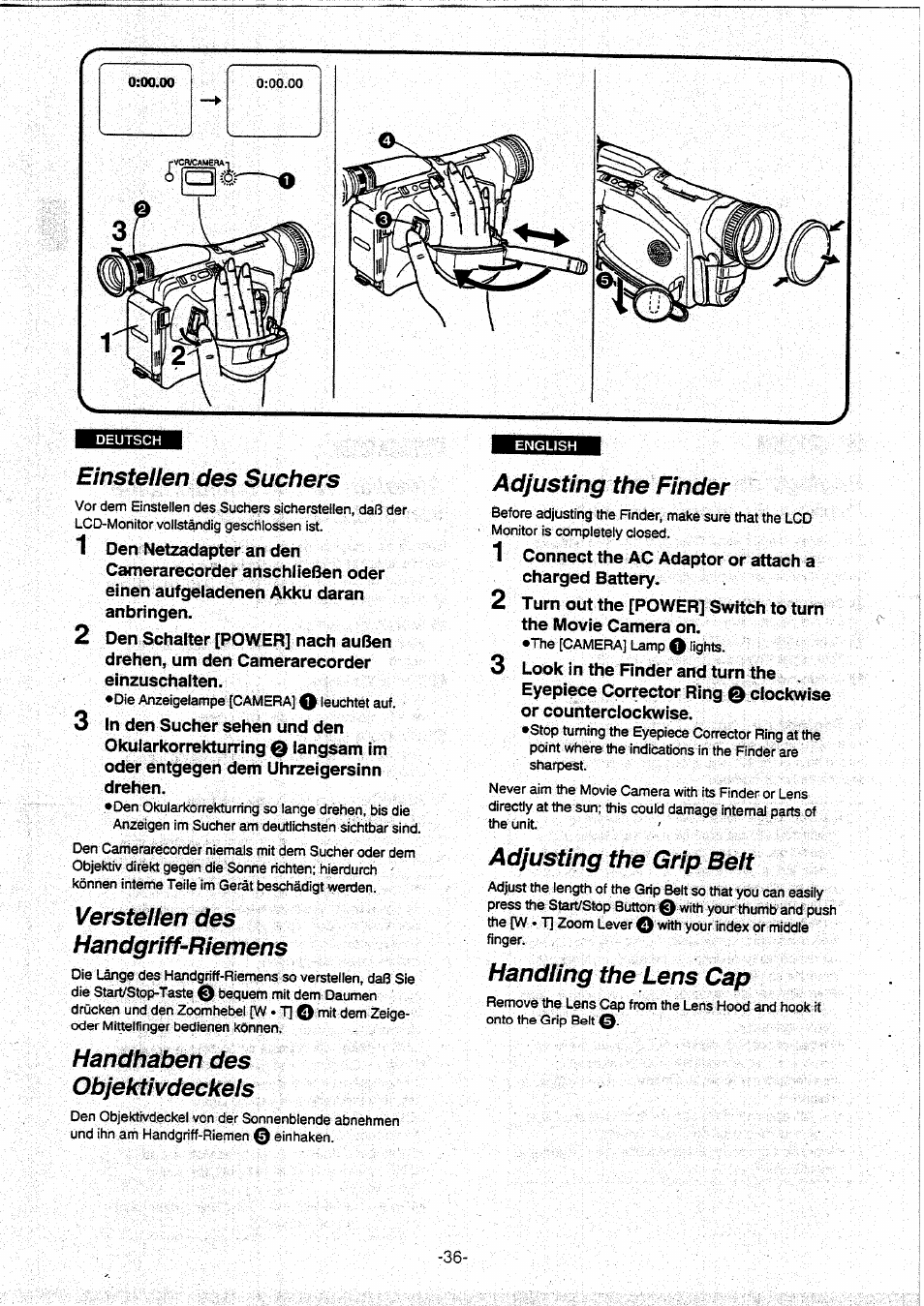 Einstellen des suchers, Verstellen des handgriff-riemens, Handhabendes | Objektivdeckels, Adjusting the finder, Adjusting the grip belt, Handling the lens cap, Handhabendes objektivdeckels | Panasonic NVVX30EG User Manual | Page 36 / 164