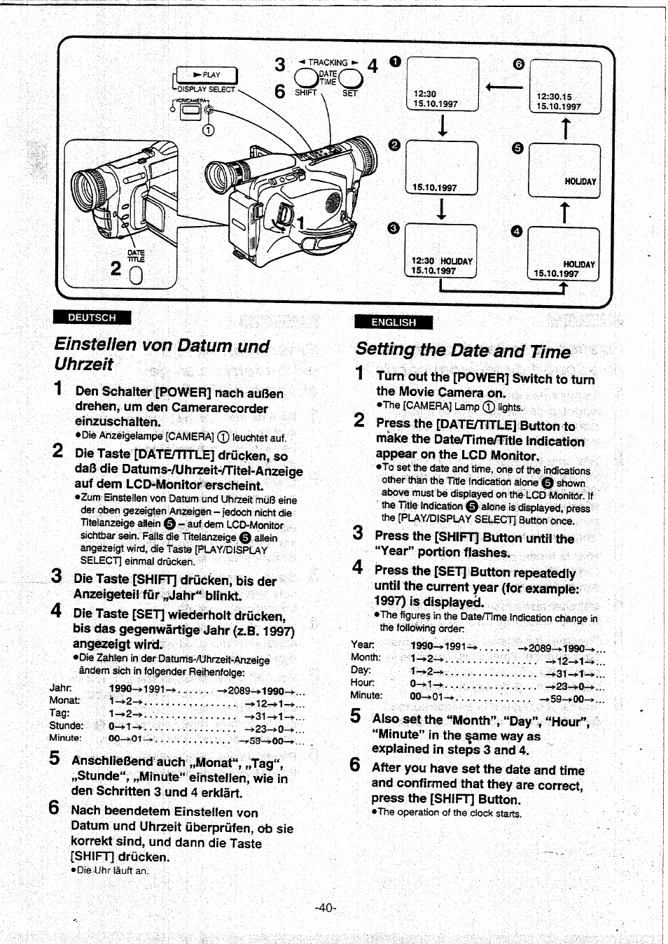 Einstellen von datum und uhrzeit, Setting the date and time, Io t | Panasonic NVVX30EG User Manual | Page 40 / 164