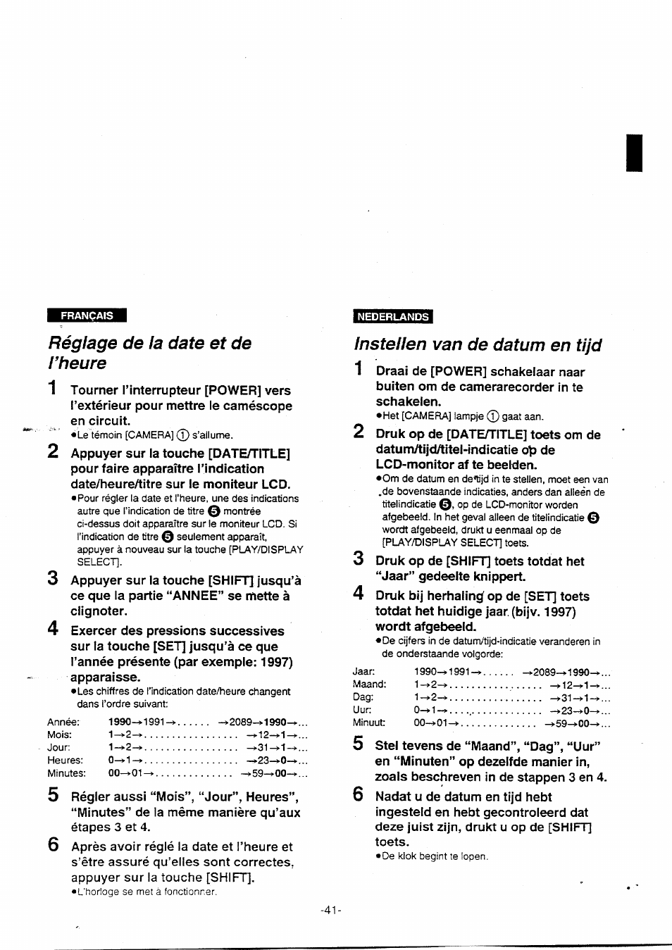 Réglage de la date et de l’heure, Nederlands, Instellen van de datum en tijd | Insteilen van de datum en tijd | Panasonic NVVX30EG User Manual | Page 41 / 164