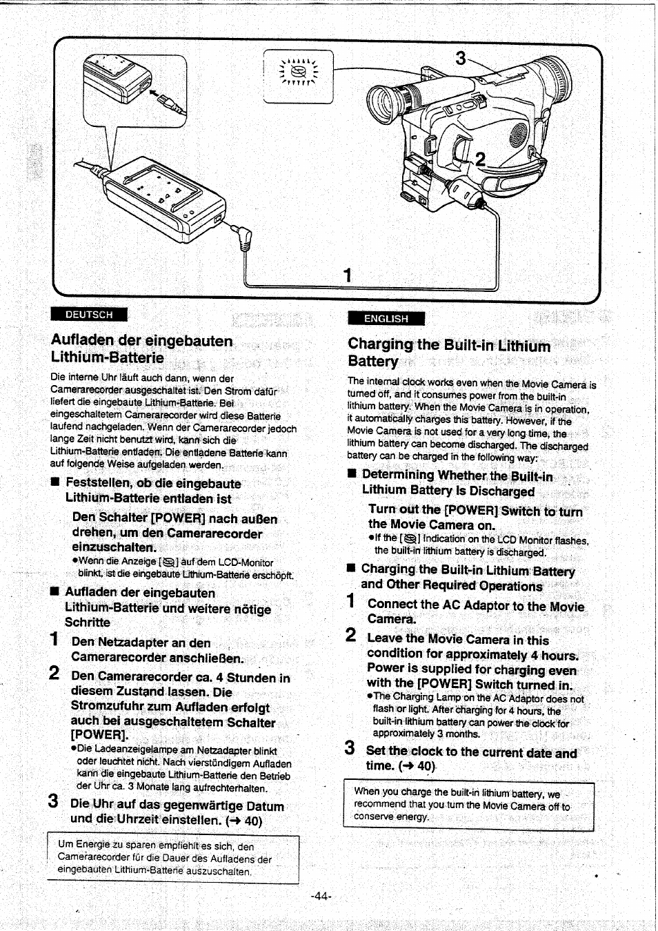 Aufiaden der eingebauten lithium-batterie, Charging the built-in lithium battery, Aufladen der eingebauten lithium-batterie | Panasonic NVVX30EG User Manual | Page 44 / 164