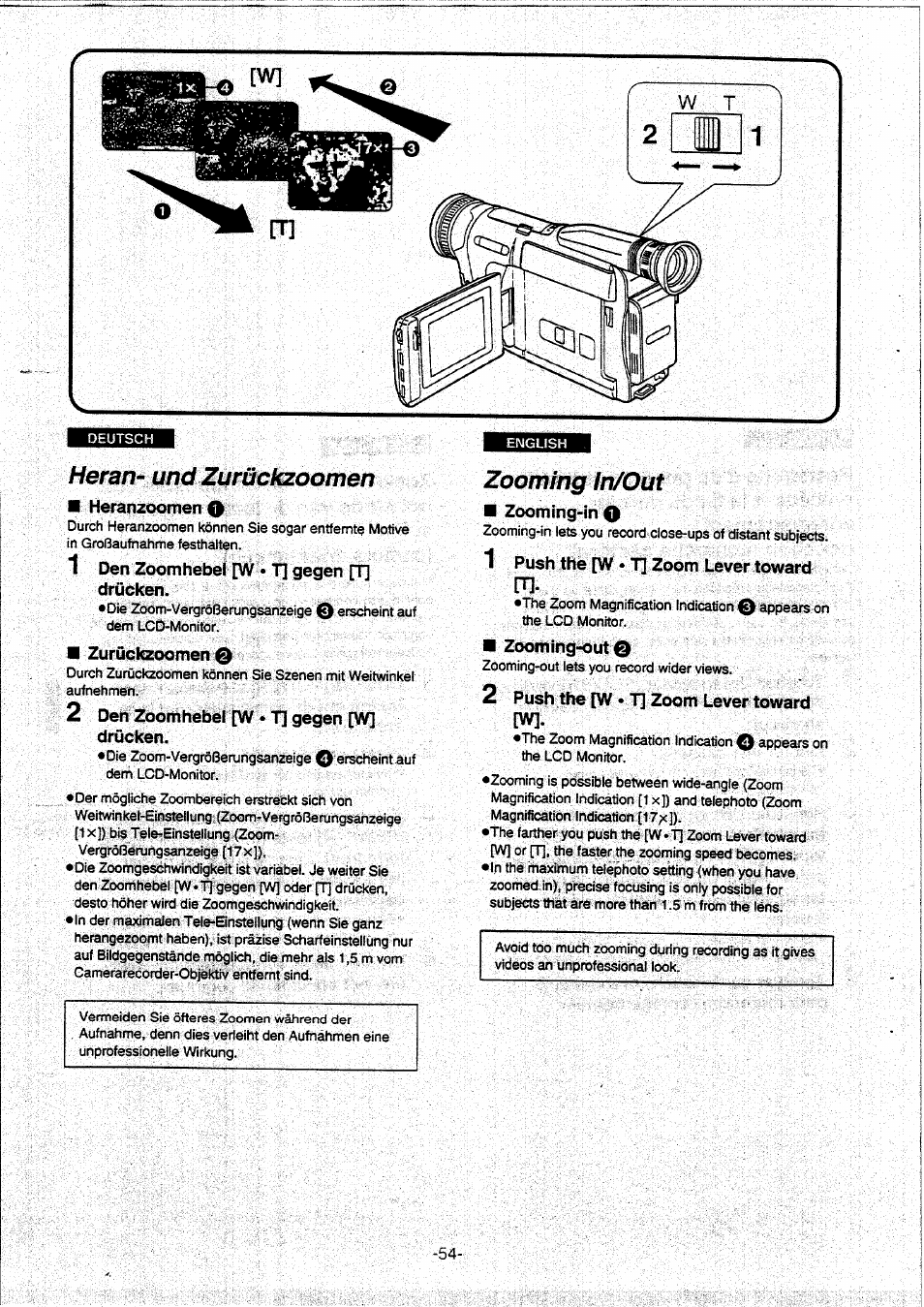 Heran-und zurückzoomen, Zooming in/out, Heran- und zurückzoomen | Panasonic NVVX30EG User Manual | Page 54 / 164