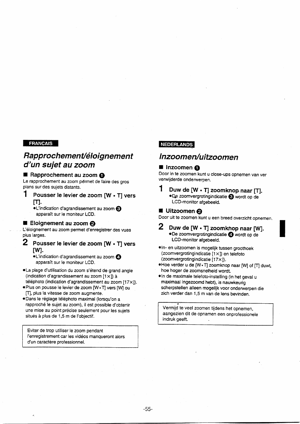 Rapprochement/éloignement d'un sujet au zoom, Inzoomen/uitzoomen, Gshggai | Panasonic NVVX30EG User Manual | Page 55 / 164