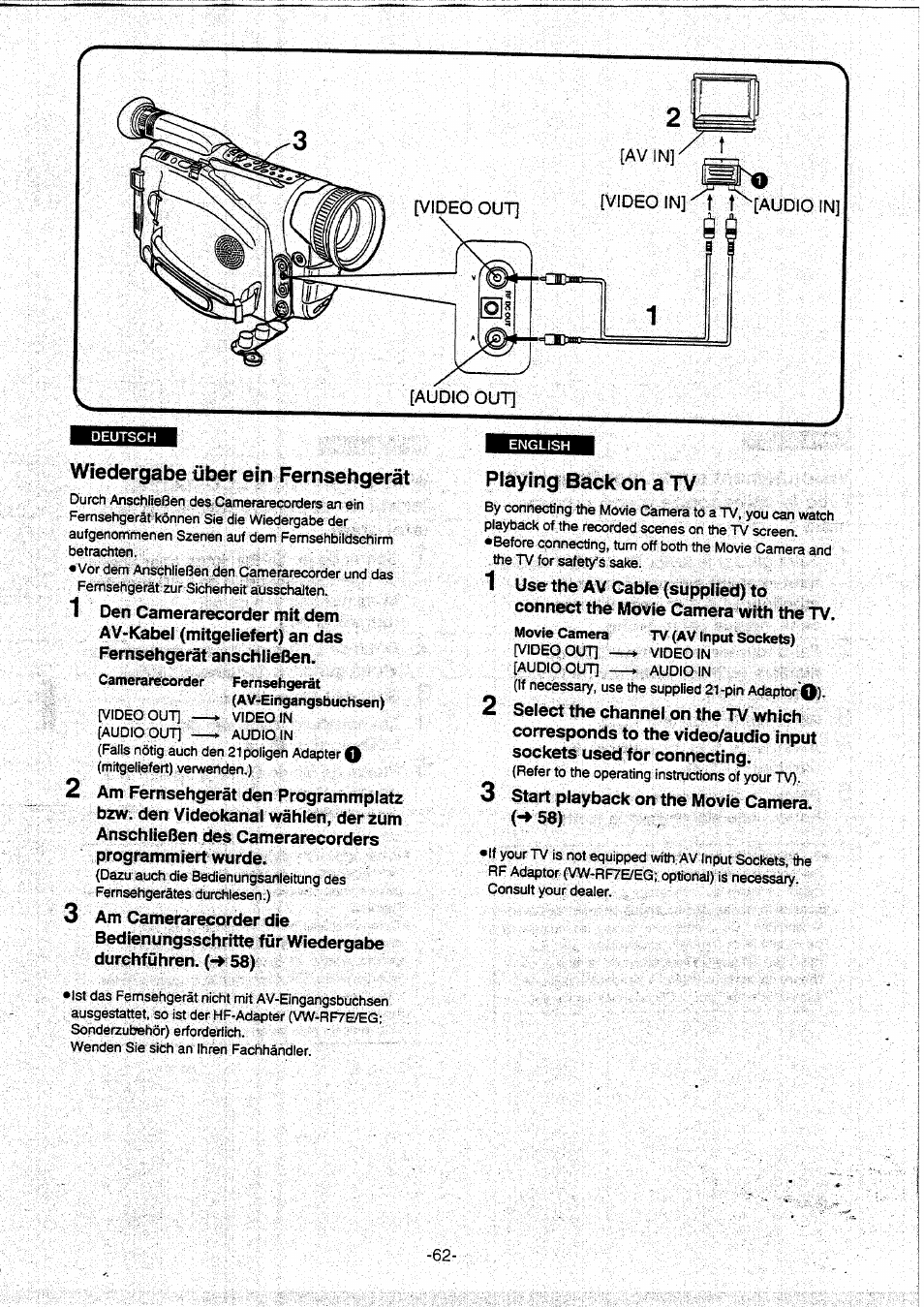 Wiedergabe über ein fernsehgerät, Playing back on a tv | Panasonic NVVX30EG User Manual | Page 62 / 164