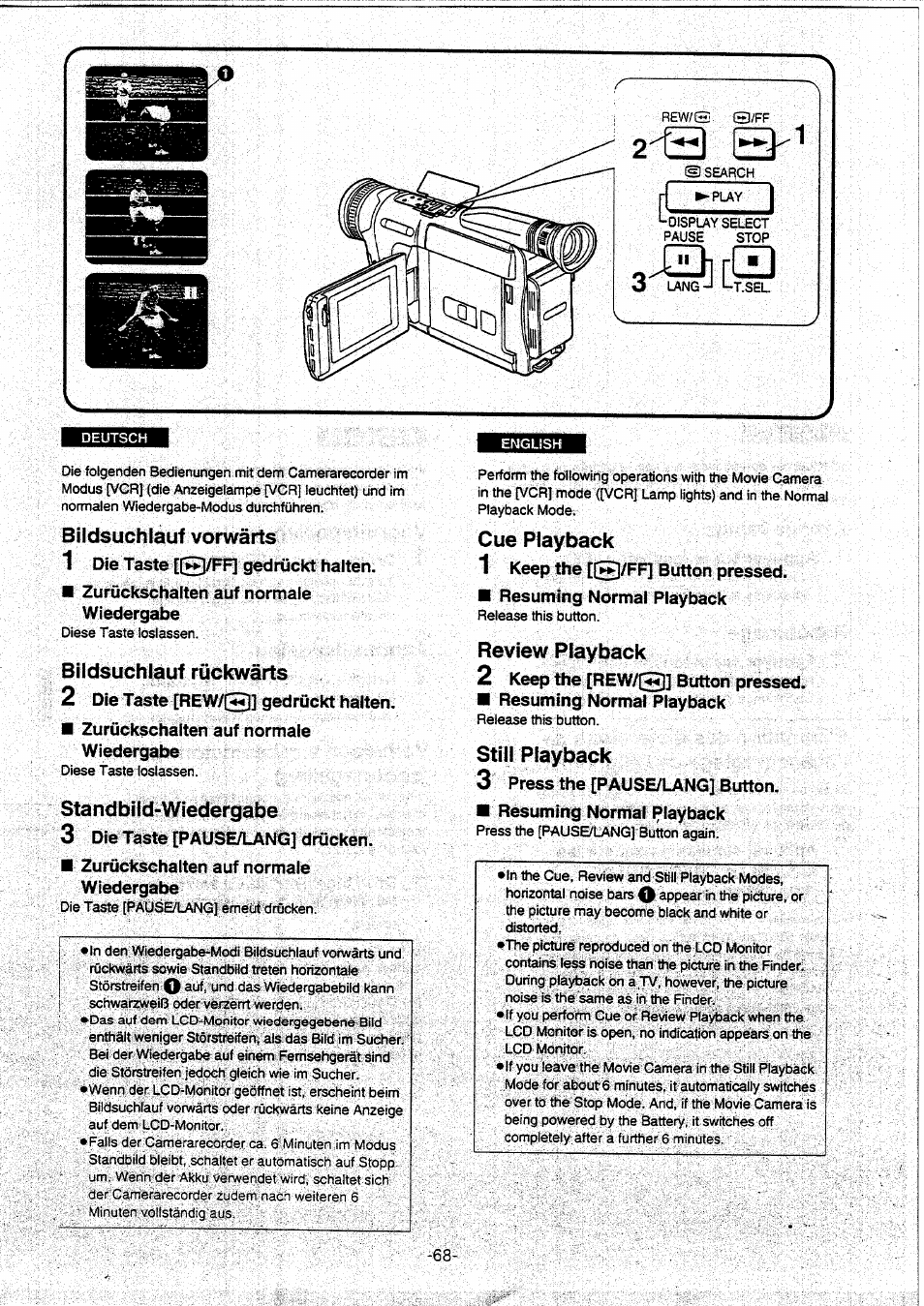 Bildsuchlauf vorwärts, Biidsuchiauf rückwärts, Standbild-wiedergabe | Cue playback, Review playback, Still playback, Bildsuchlauf rückwärts, Cue playback •review playback, S [ q | Panasonic NVVX30EG User Manual | Page 68 / 164