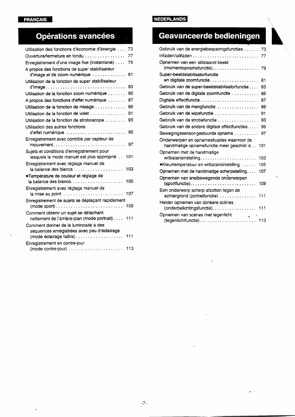 Opérations avancées, Geavanceerde bedien ingen | Panasonic NVVX30EG User Manual | Page 7 / 164