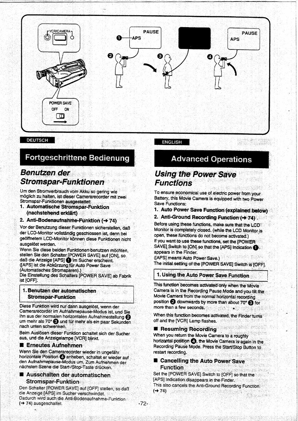 Benutzender, Stromspar-funktionen, Anti-bodenaufnahme-funktion 74) | Erneutes aufnehmen, Ausschalten der automatischen stromspar-funktion, Using the power save functions, Auto power save function (explained i3elow), Anti-ground recording function (•> 74), Resuming recording, Cancelling the auto power save function | Panasonic NVVX30EG User Manual | Page 72 / 164