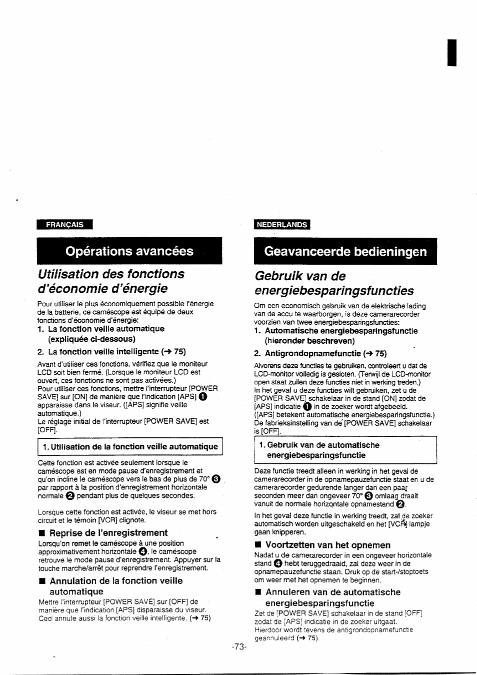 Utilisation des fonctions d’économie d’énergie, La fonction veille intelligente (-> 75), Gebruik van de energiebesparingsfuncties | Antigrondopnamefunctie (■♦ 75) | Panasonic NVVX30EG User Manual | Page 73 / 164